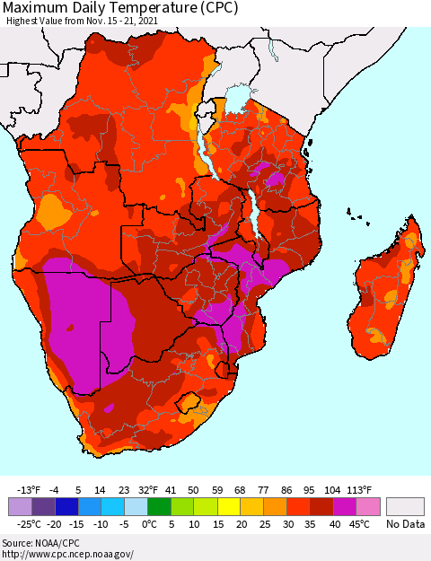 Southern Africa Maximum Daily Temperature (CPC) Thematic Map For 11/15/2021 - 11/21/2021