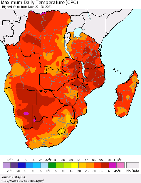 Southern Africa Maximum Daily Temperature (CPC) Thematic Map For 11/22/2021 - 11/28/2021