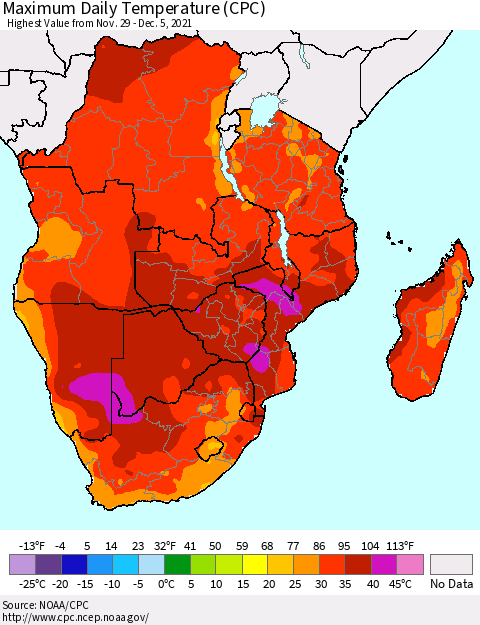 Southern Africa Maximum Daily Temperature (CPC) Thematic Map For 11/29/2021 - 12/5/2021