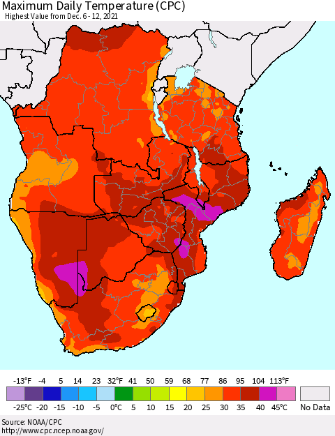Southern Africa Maximum Daily Temperature (CPC) Thematic Map For 12/6/2021 - 12/12/2021