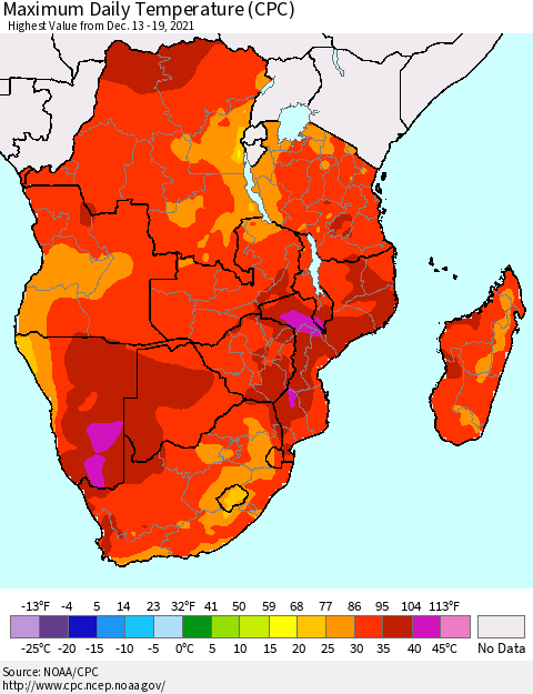 Southern Africa Maximum Daily Temperature (CPC) Thematic Map For 12/13/2021 - 12/19/2021