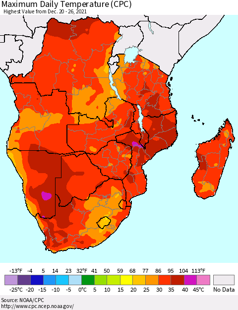 Southern Africa Maximum Daily Temperature (CPC) Thematic Map For 12/20/2021 - 12/26/2021