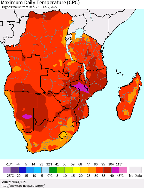 Southern Africa Maximum Daily Temperature (CPC) Thematic Map For 12/27/2021 - 1/2/2022