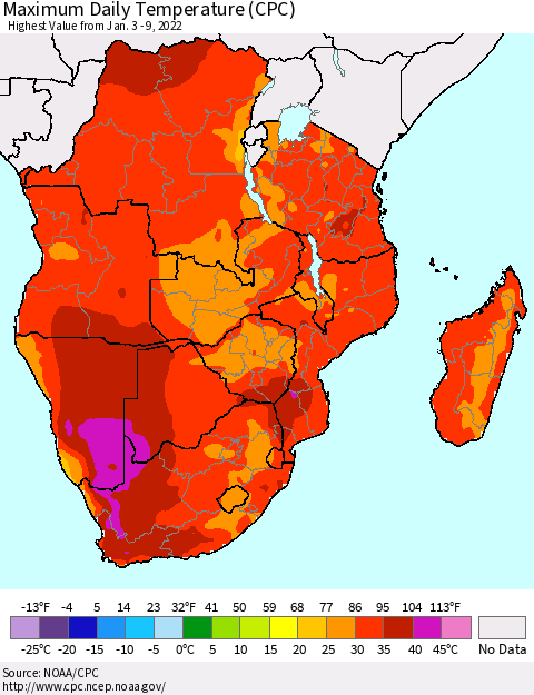 Southern Africa Maximum Daily Temperature (CPC) Thematic Map For 1/3/2022 - 1/9/2022