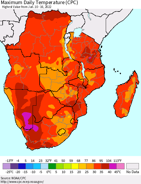Southern Africa Maximum Daily Temperature (CPC) Thematic Map For 1/10/2022 - 1/16/2022