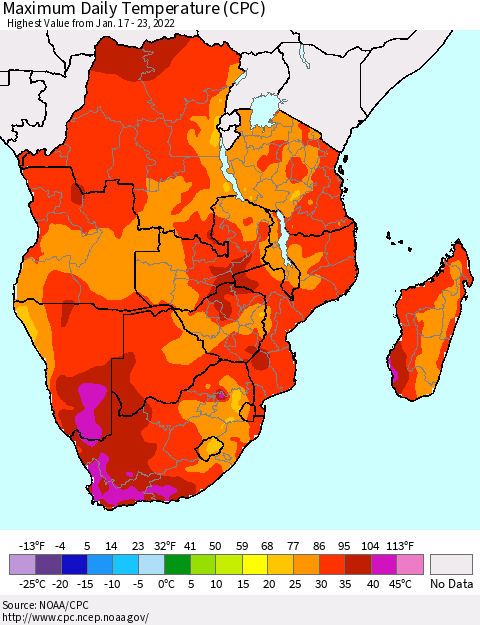 Southern Africa Maximum Daily Temperature (CPC) Thematic Map For 1/17/2022 - 1/23/2022