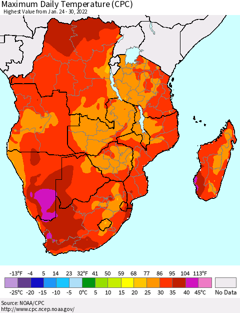 Southern Africa Maximum Daily Temperature (CPC) Thematic Map For 1/24/2022 - 1/30/2022