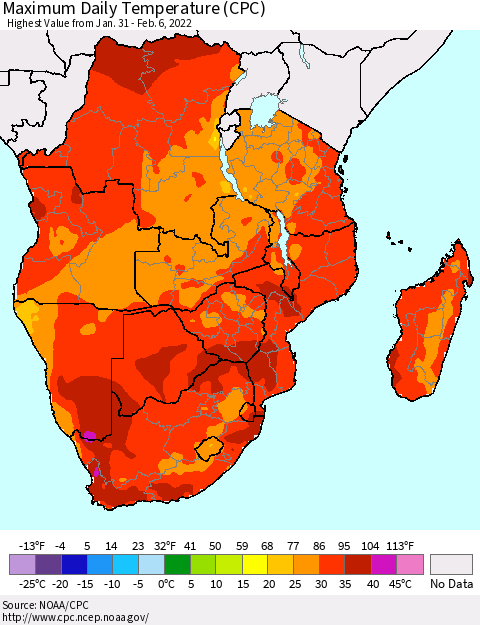 Southern Africa Maximum Daily Temperature (CPC) Thematic Map For 1/31/2022 - 2/6/2022