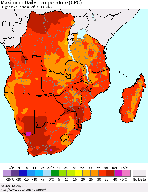 Southern Africa Maximum Daily Temperature (CPC) Thematic Map For 2/7/2022 - 2/13/2022
