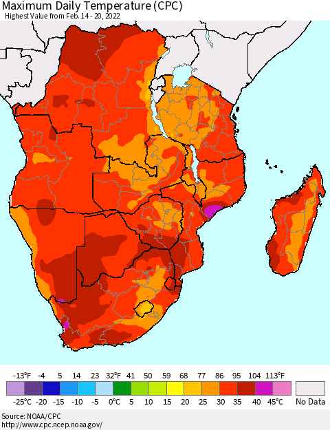 Southern Africa Maximum Daily Temperature (CPC) Thematic Map For 2/14/2022 - 2/20/2022