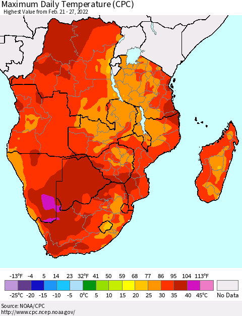 Southern Africa Maximum Daily Temperature (CPC) Thematic Map For 2/21/2022 - 2/27/2022