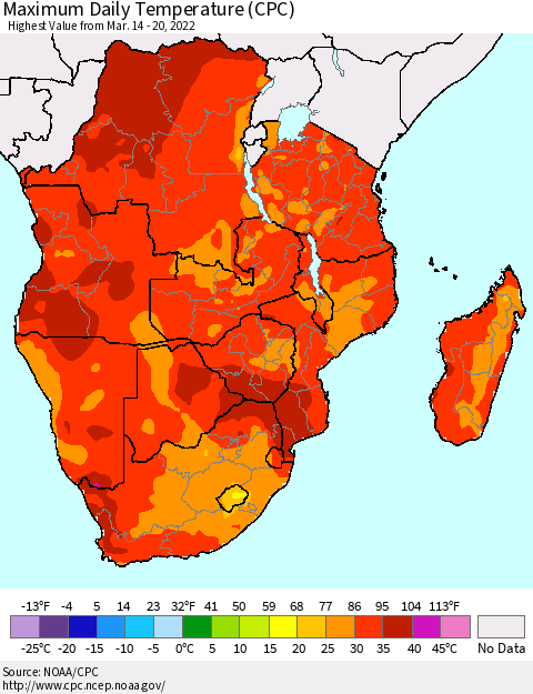 Southern Africa Maximum Daily Temperature (CPC) Thematic Map For 3/14/2022 - 3/20/2022