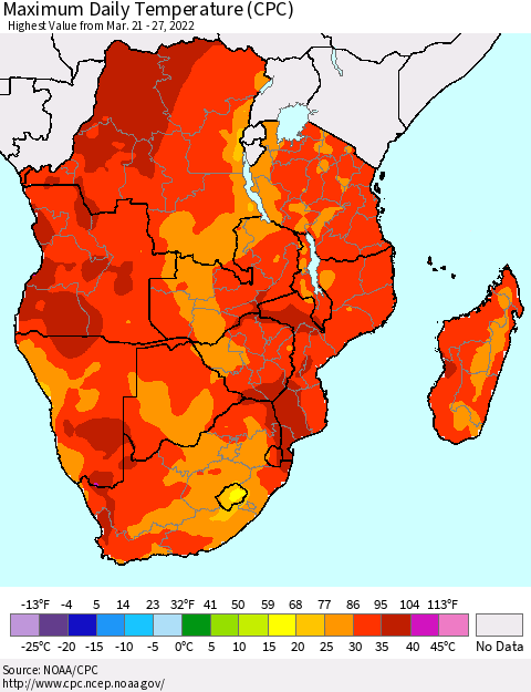 Southern Africa Maximum Daily Temperature (CPC) Thematic Map For 3/21/2022 - 3/27/2022