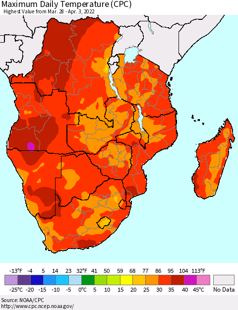 Southern Africa Maximum Daily Temperature (CPC) Thematic Map For 3/28/2022 - 4/3/2022