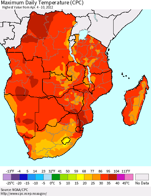 Southern Africa Maximum Daily Temperature (CPC) Thematic Map For 4/4/2022 - 4/10/2022