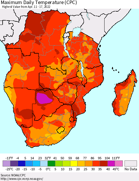 Southern Africa Maximum Daily Temperature (CPC) Thematic Map For 4/11/2022 - 4/17/2022