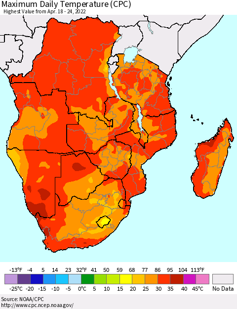 Southern Africa Maximum Daily Temperature (CPC) Thematic Map For 4/18/2022 - 4/24/2022