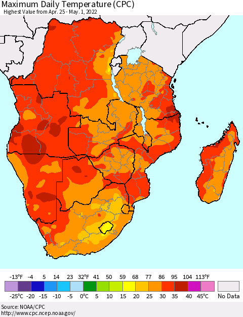 Southern Africa Maximum Daily Temperature (CPC) Thematic Map For 4/25/2022 - 5/1/2022