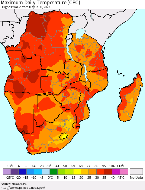 Southern Africa Maximum Daily Temperature (CPC) Thematic Map For 5/2/2022 - 5/8/2022