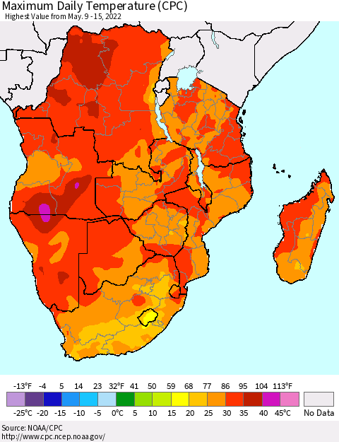 Southern Africa Maximum Daily Temperature (CPC) Thematic Map For 5/9/2022 - 5/15/2022