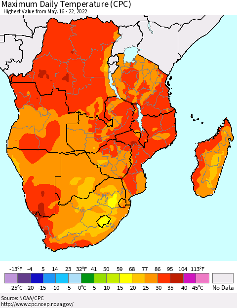Southern Africa Maximum Daily Temperature (CPC) Thematic Map For 5/16/2022 - 5/22/2022
