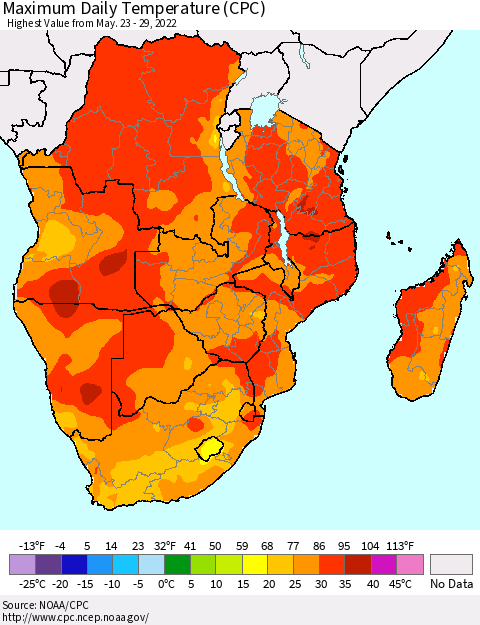 Southern Africa Maximum Daily Temperature (CPC) Thematic Map For 5/23/2022 - 5/29/2022