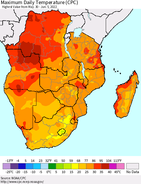 Southern Africa Maximum Daily Temperature (CPC) Thematic Map For 5/30/2022 - 6/5/2022