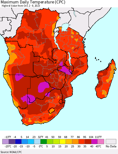Southern Africa Maximum Daily Temperature (CPC) Thematic Map For 10/2/2023 - 10/8/2023