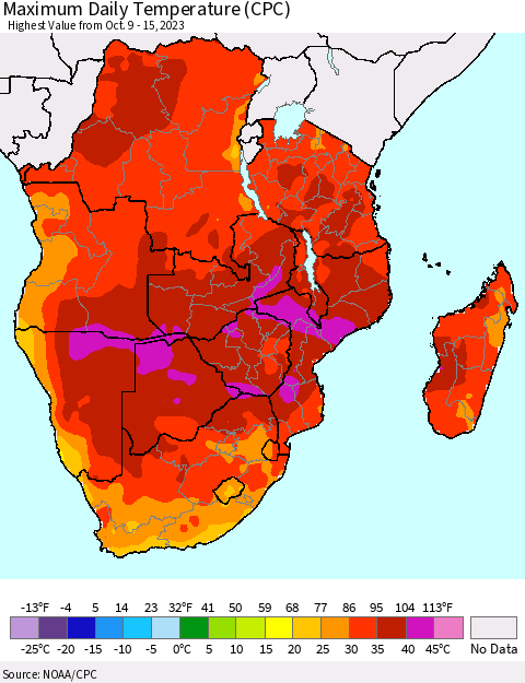 Southern Africa Maximum Daily Temperature (CPC) Thematic Map For 10/9/2023 - 10/15/2023