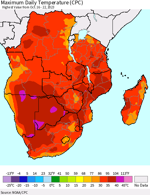 Southern Africa Maximum Daily Temperature (CPC) Thematic Map For 10/16/2023 - 10/22/2023