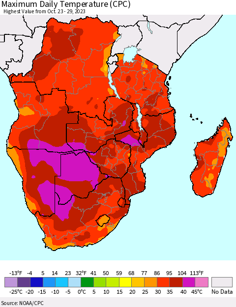 Southern Africa Maximum Daily Temperature (CPC) Thematic Map For 10/23/2023 - 10/29/2023