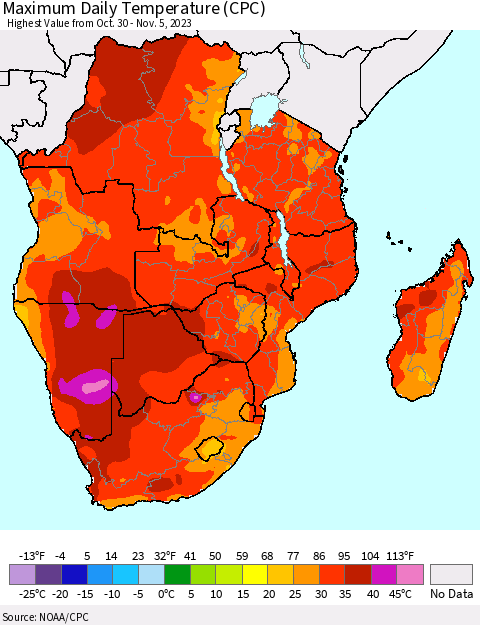 Southern Africa Maximum Daily Temperature (CPC) Thematic Map For 10/30/2023 - 11/5/2023