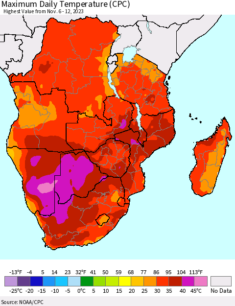 Southern Africa Maximum Daily Temperature (CPC) Thematic Map For 11/6/2023 - 11/12/2023