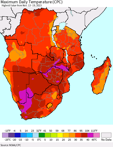 Southern Africa Maximum Daily Temperature (CPC) Thematic Map For 11/13/2023 - 11/19/2023