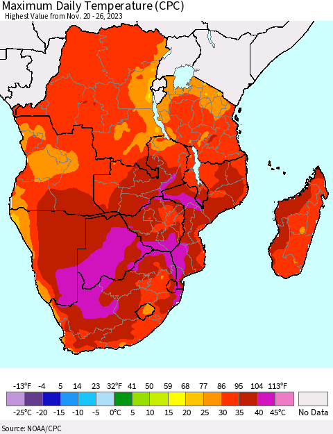 Southern Africa Maximum Daily Temperature (CPC) Thematic Map For 11/20/2023 - 11/26/2023