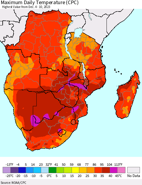 Southern Africa Maximum Daily Temperature (CPC) Thematic Map For 12/4/2023 - 12/10/2023