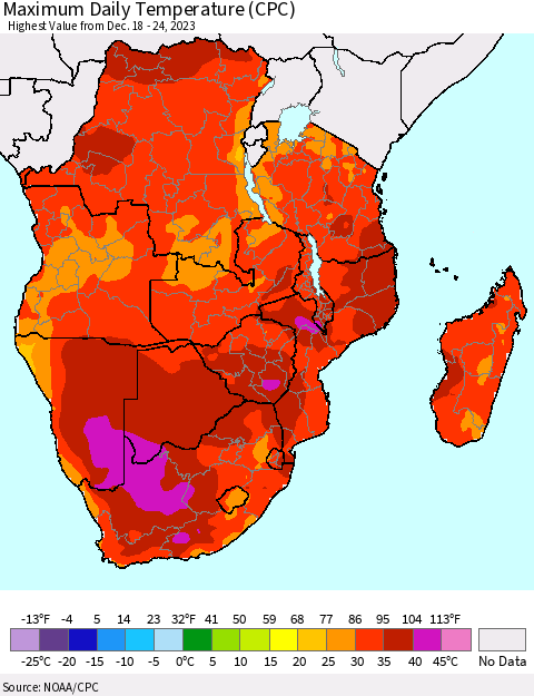 Southern Africa Maximum Daily Temperature (CPC) Thematic Map For 12/18/2023 - 12/24/2023