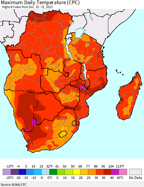Southern Africa Maximum Daily Temperature (CPC) Thematic Map For 12/25/2023 - 12/31/2023