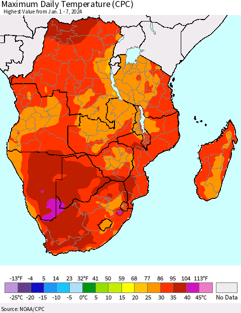 Southern Africa Maximum Daily Temperature (CPC) Thematic Map For 1/1/2024 - 1/7/2024