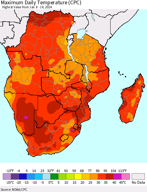 Southern Africa Maximum Daily Temperature (CPC) Thematic Map For 1/8/2024 - 1/14/2024