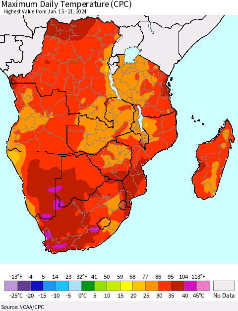 Southern Africa Maximum Daily Temperature (CPC) Thematic Map For 1/15/2024 - 1/21/2024