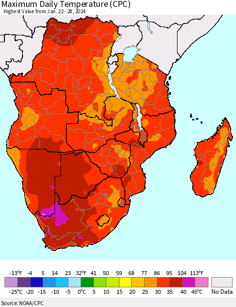 Southern Africa Maximum Daily Temperature (CPC) Thematic Map For 1/22/2024 - 1/28/2024