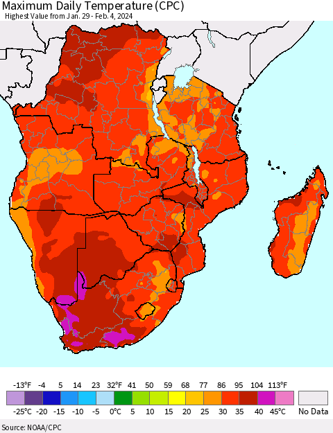 Southern Africa Maximum Daily Temperature (CPC) Thematic Map For 1/29/2024 - 2/4/2024