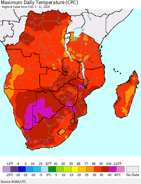 Southern Africa Maximum Daily Temperature (CPC) Thematic Map For 2/5/2024 - 2/11/2024