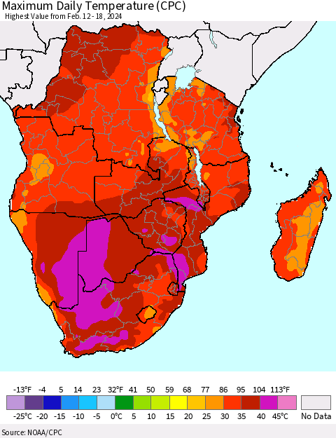 Southern Africa Maximum Daily Temperature (CPC) Thematic Map For 2/12/2024 - 2/18/2024