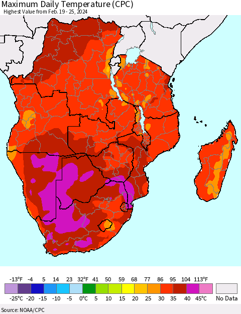 Southern Africa Maximum Daily Temperature (CPC) Thematic Map For 2/19/2024 - 2/25/2024