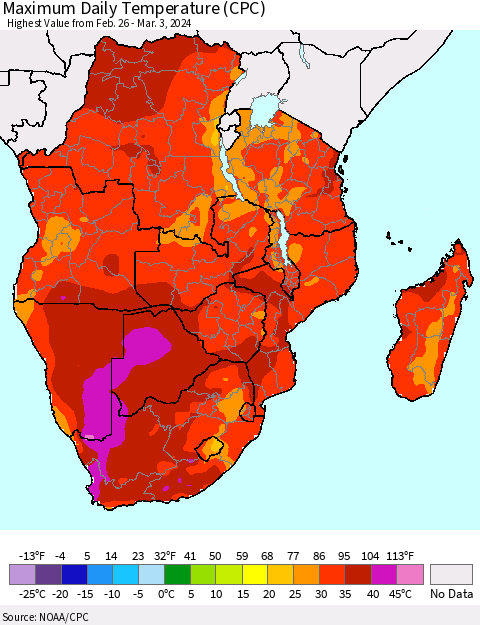 Southern Africa Maximum Daily Temperature (CPC) Thematic Map For 2/26/2024 - 3/3/2024