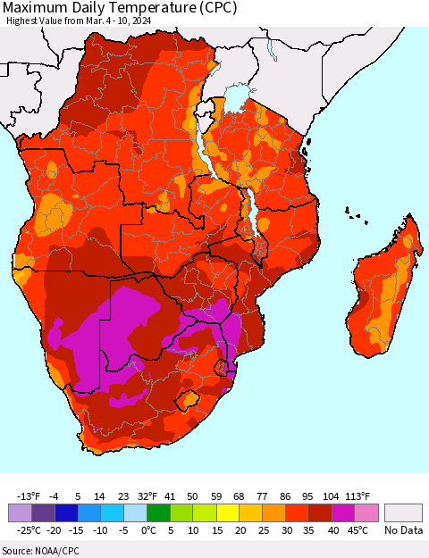 Southern Africa Maximum Daily Temperature (CPC) Thematic Map For 3/4/2024 - 3/10/2024