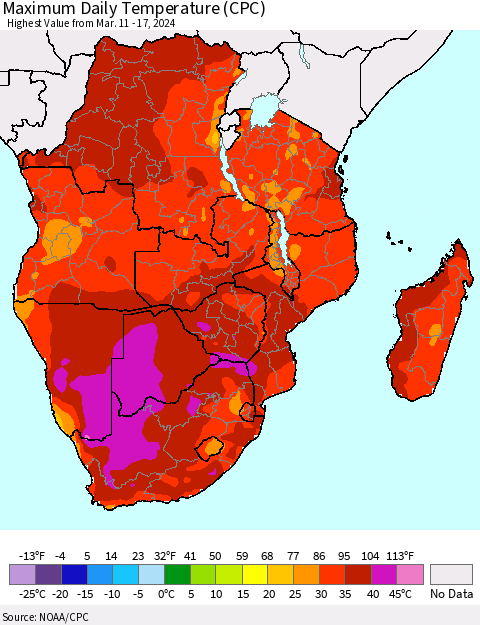 Southern Africa Maximum Daily Temperature (CPC) Thematic Map For 3/11/2024 - 3/17/2024