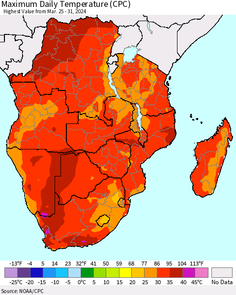 Southern Africa Maximum Daily Temperature (CPC) Thematic Map For 3/25/2024 - 3/31/2024